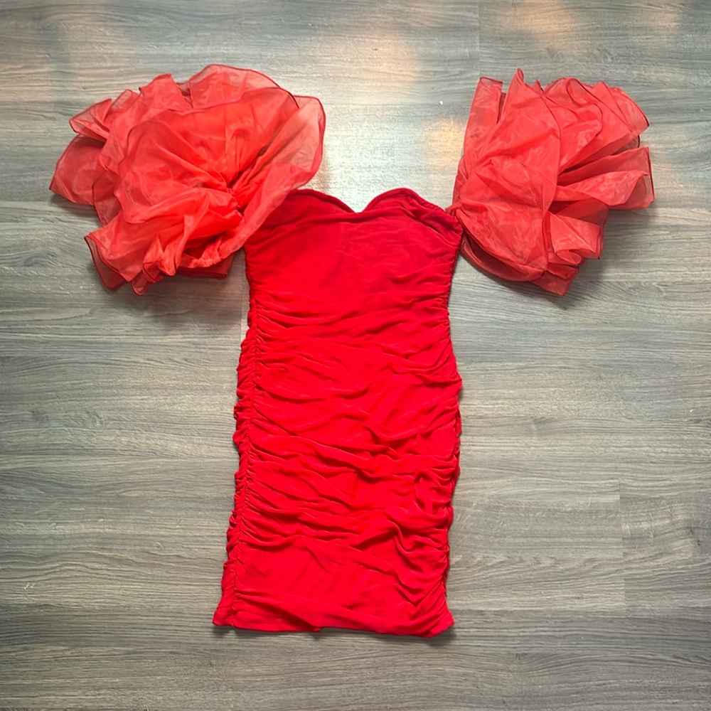 Strapless red cocktail dress